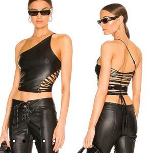 NWT h:ours Brigitta Small Black Strappy Faux Leather One Shoulder Tank Top